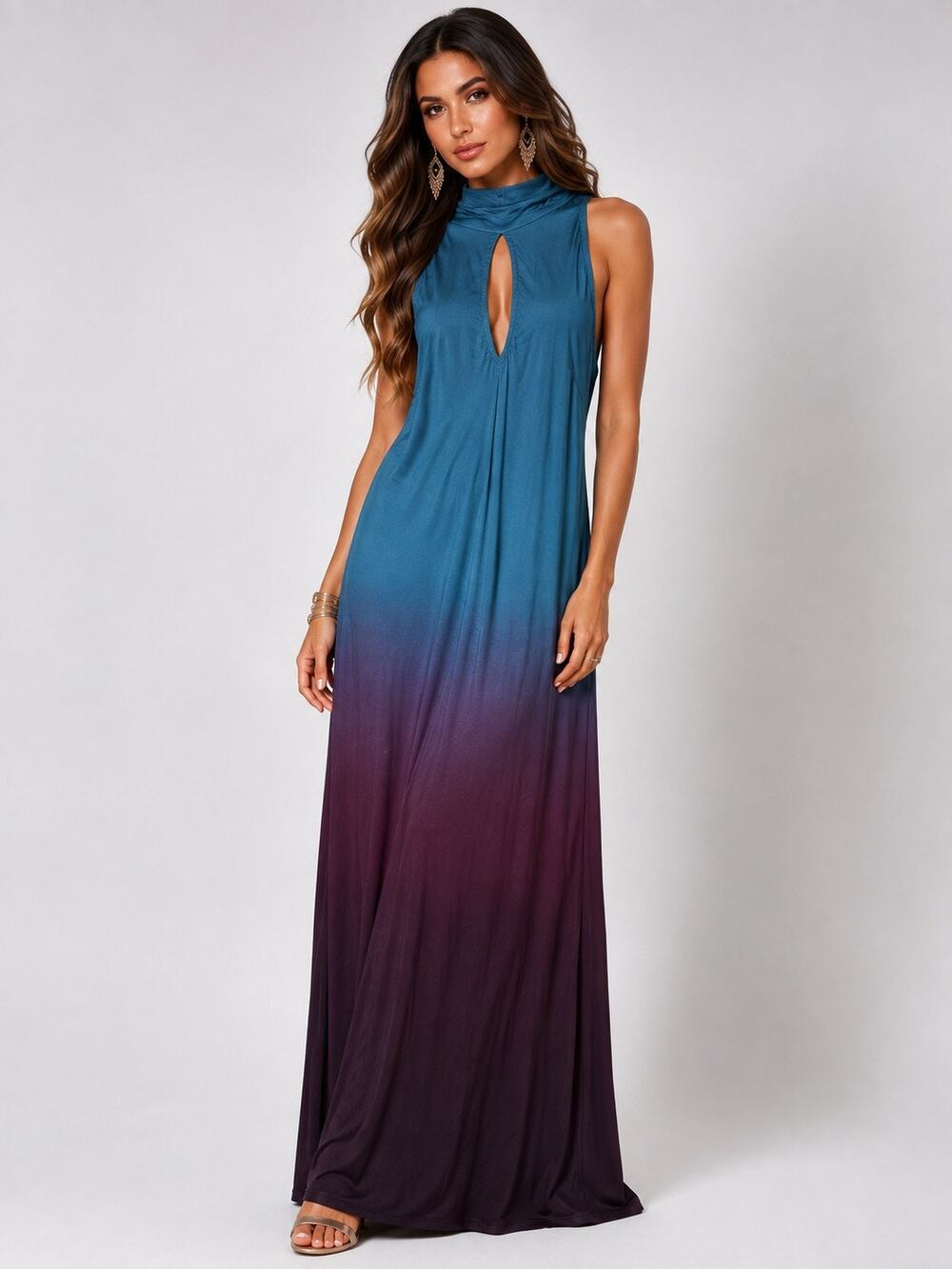 YFB Small Teal Purple Ombré Maxi Dress High Neck Keyhole Boho Evening Gown